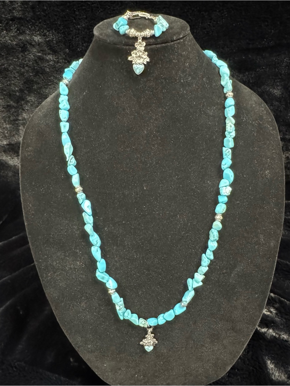 Turquoise Chip Necklace with Silver Accent Pendant - Blue